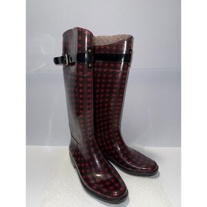 Lauren Ralph Lauren Rossalyn II Rain Boots 8 Houndstooth Red Black Buckle Strap